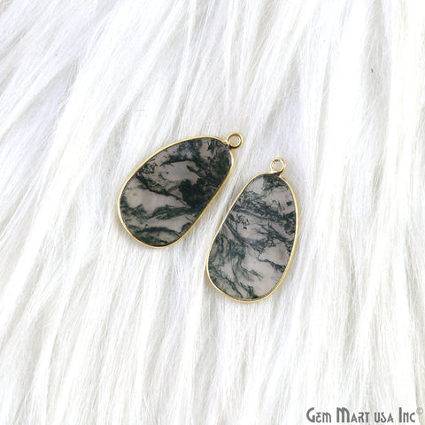 Moss Agate Free Form Gold Plated Single Bail Bezel Smooth Slab Slice Thick Gemstone Connector 30x15mm 1 Pair