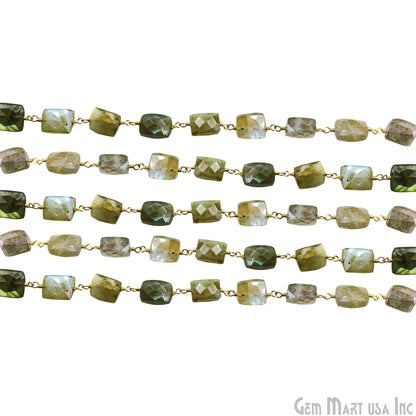 Labradorite Rectangel 7x9mm Beaded Gold Wire Wrapped Rosary Chain