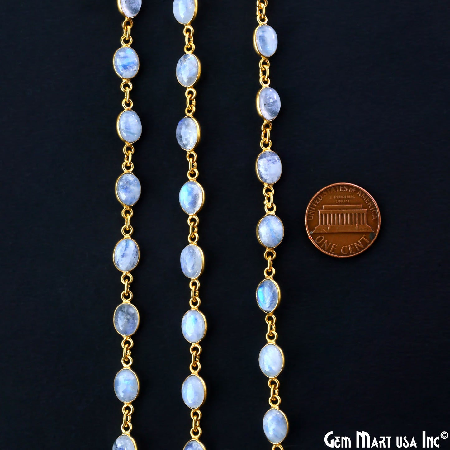 Rainbow Moonstone 6x8mm Oval Gold Plated Bezel Cabochon Continuous Connector Chain