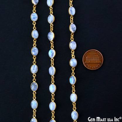 Rainbow Moonstone 6x8mm Oval Gold Plated Bezel Cabochon Continuous Connector Chain