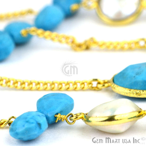 Turquoise 10-15mm Beads With Freshwater Pearl Gold Plated Wire Wrapped Rosary - GemMartUSA