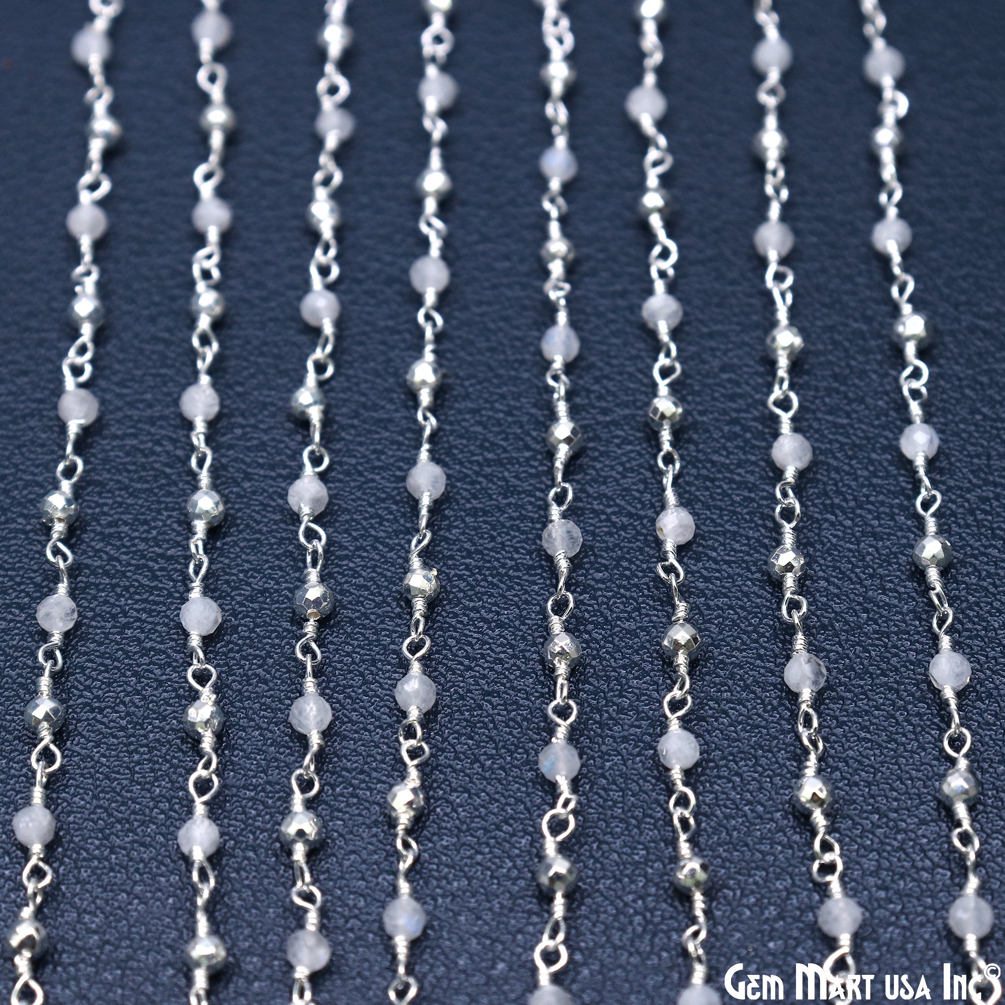 Rainbow Moonstone & Silver Pyrite 2-2.5mm Tiny Beads Silver Plated Wire Wrapped Rosary Chain