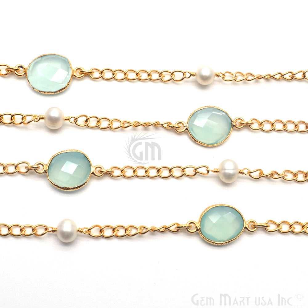 Aqua Chalcedony With Freshwater Pearl 10mm Gold Plated Bezel Connector Chain - GemMartUSA (764195340335)