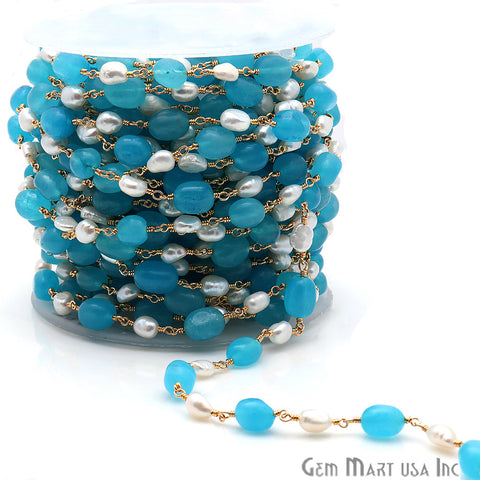 Sky Blue Rosary & Freshwater Pearl Rondelle Beads 10x6mm Gold Plated Wire Wrapped Rosary Chain