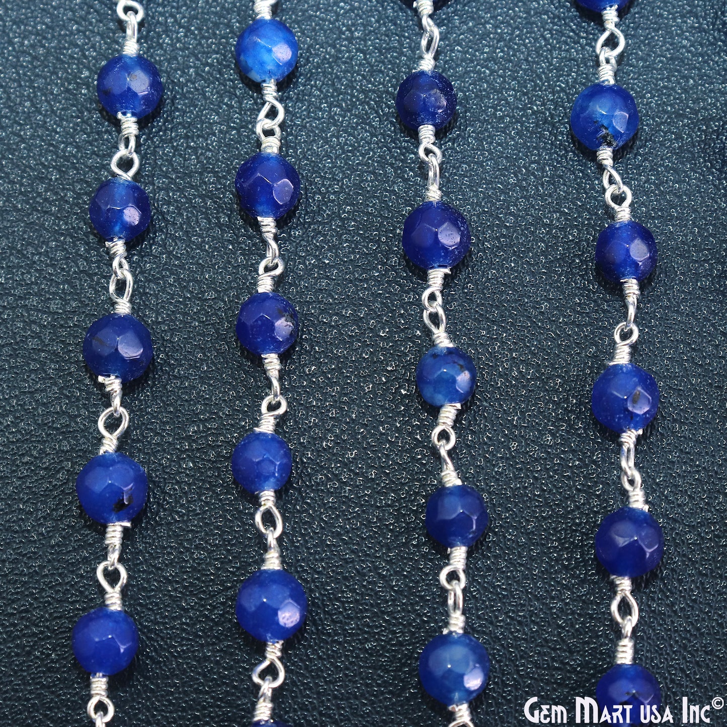 Blue Jade Faceted Beads 5mm Silver Plated Wire Wrapped Rosary Chain