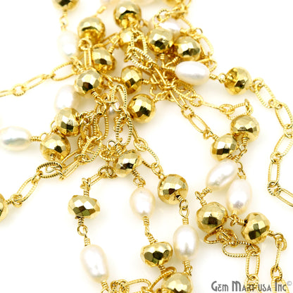 Golden Pyrite 6-7mm & Freshwater Pearl Round Beads Gold Plated Finding Rosary Chain