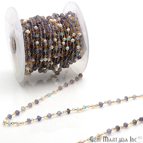Aquamarine, Tanzanite & Freshwater Pearl Multi Gemstone Beaded Wire Wrapped Rosary Chain - GemMartUSA