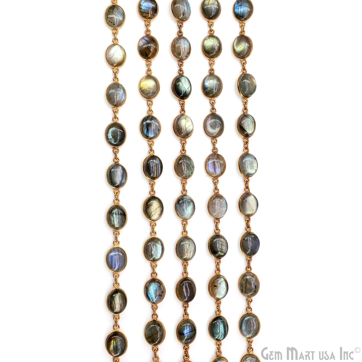 Labradorite Cabochon 9x11mm Oval Shape Gold Plated Bezel Continuous Connector Chain