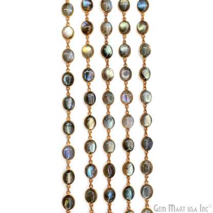 Labradorite Cabochon 9x11mm Oval Shape Gold Plated Bezel Continuous Connector Chain