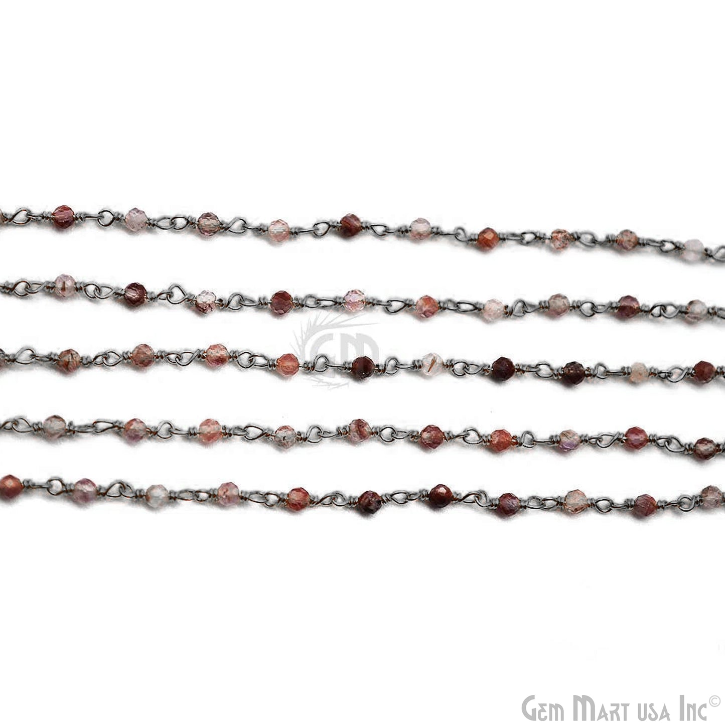 Shaded Strawberry Quartz Black Plated Wire Wrapped Gemstone Beads Rosary Chain