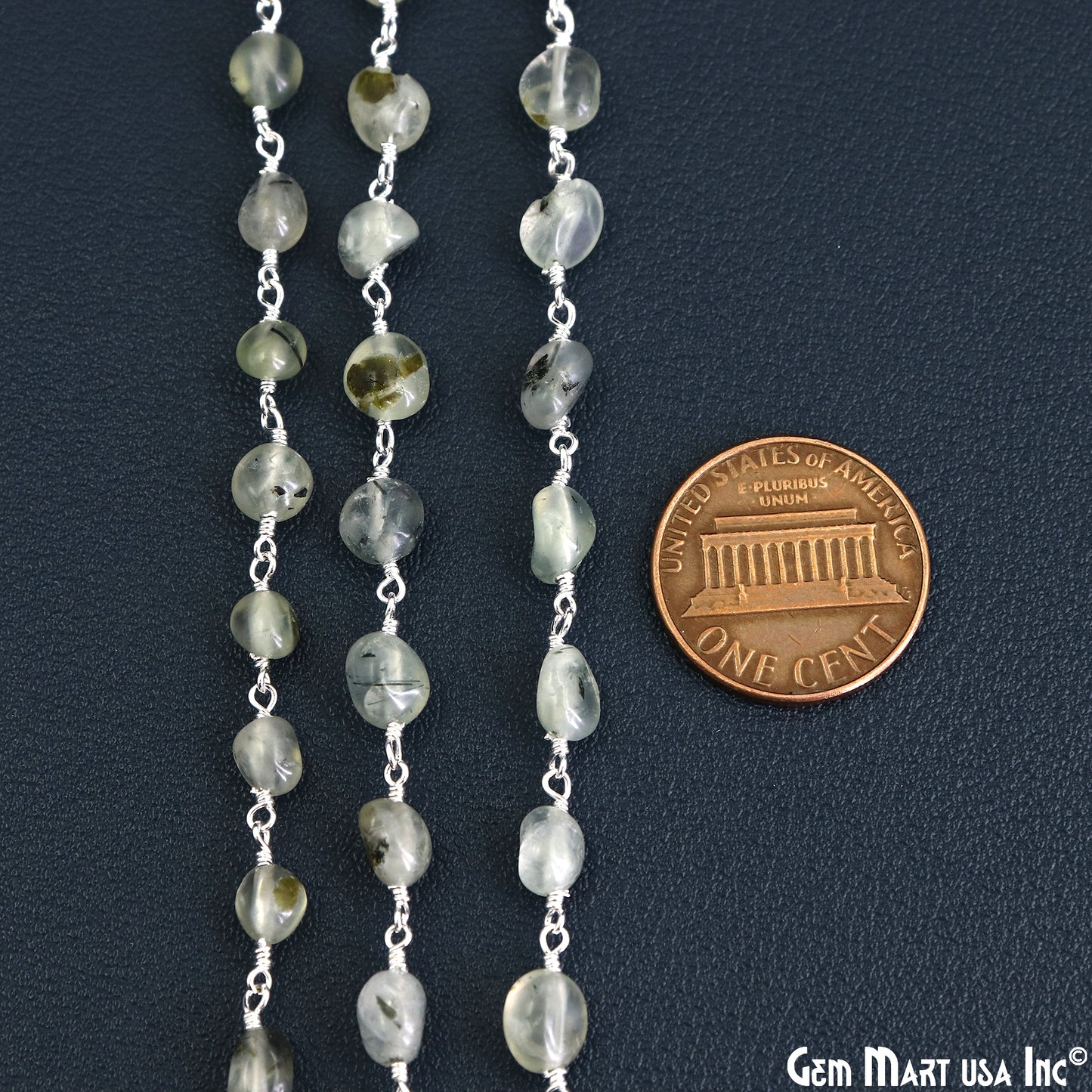 Green Rutile Tumble Beads 8x5mm Silver Wire Wrapped Rosary Chain