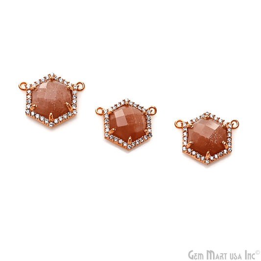 Sunstone Hexagon CZ Pave 18x15mm Hexagon Rose Gold Plated Prong Setting Gemstone Connector