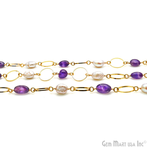 Amethyst & Freshwater Pearl With Gold Round Finding Rosary Chain