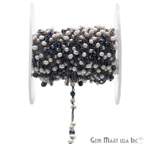 Pyrite & Freshwater Pearl Multi Gemstone Beaded Wire Wrapped Rosary Chain - GemMartUSA