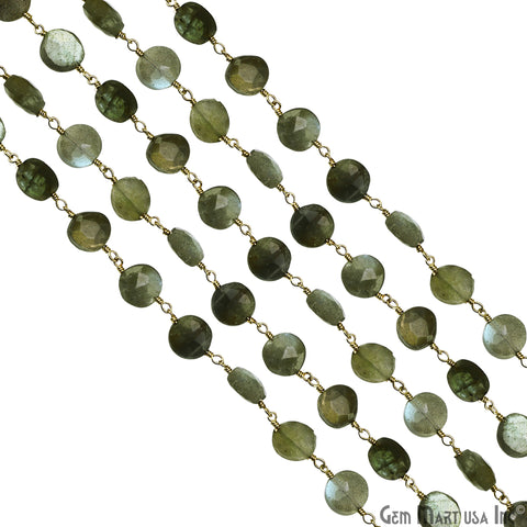 Labradorite Coin Beads 8-9mm Gold Plated wire wrapped Rosary Chain