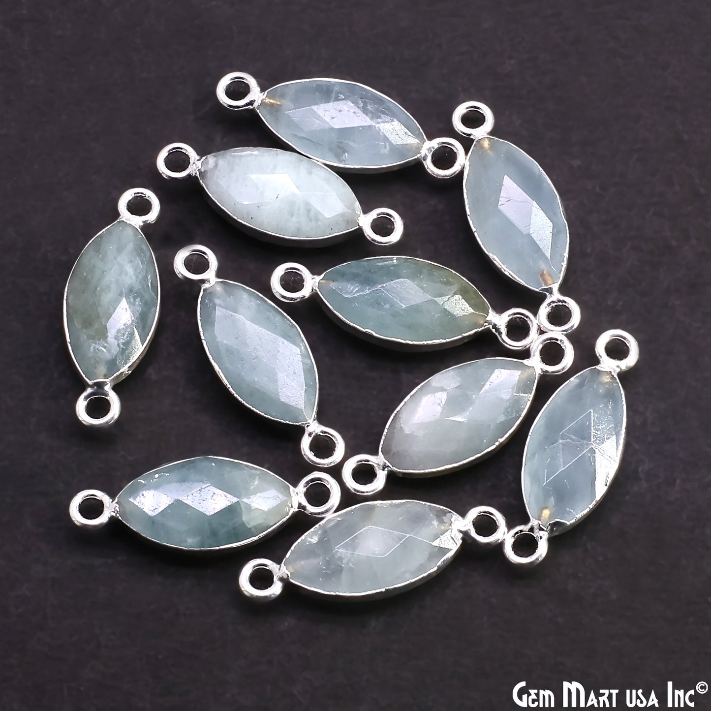 Aquamarine 8x16mm Marquise Double Bail Silver Electroplated Gemstone Connector