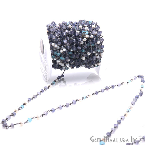 Aquamarine, Tanzanite And Freshwater Pearl Beaded Oxidized Wire Wrapped Rosary Chain - GemMartUSA