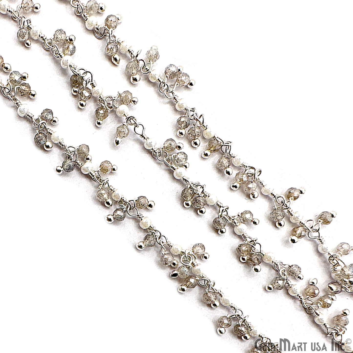Labradorite & Synthetic Pearl Faceted Beads Silver Plated Wire Wrapped Rosary Chain