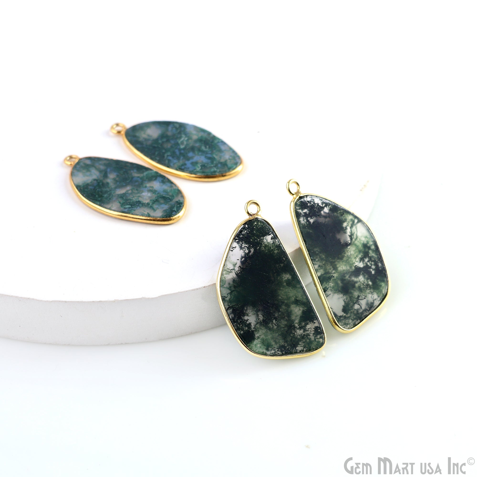 Moss Agate Free Form Gold Plated Single Bail Bezel Smooth Slab Slice Thick Gemstone Connector 31x16mm 1 Pair