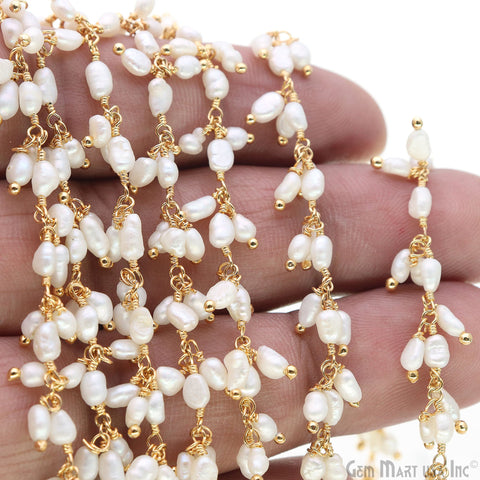 Freshwater Pearl Faceted Beads Oval 4x3mm Gold Plated Wire Wrapped Cluster Rosary Chain