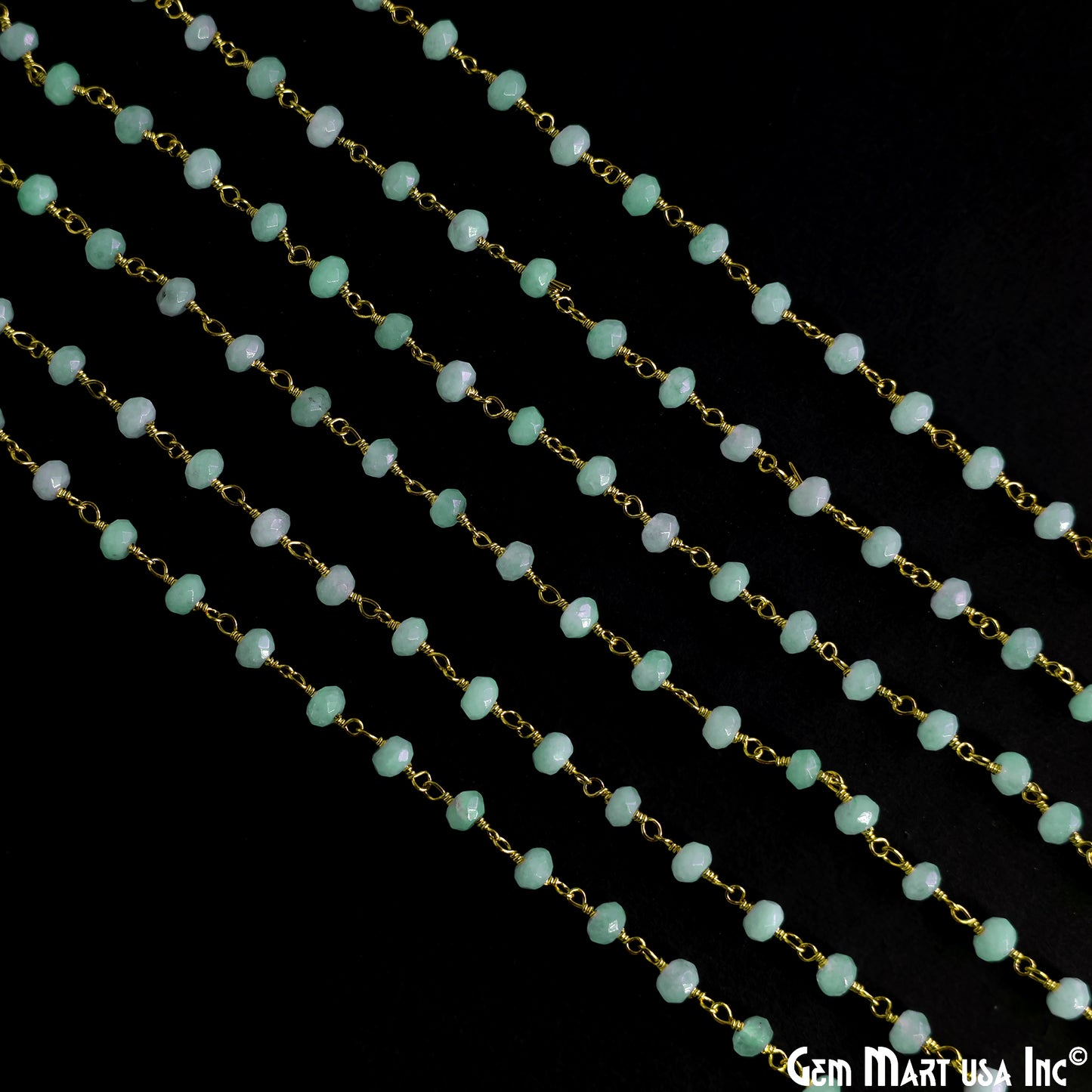 Aqua Chalcedony 4mm Round Faceted Beads Gold Wire Wrapped Rosary