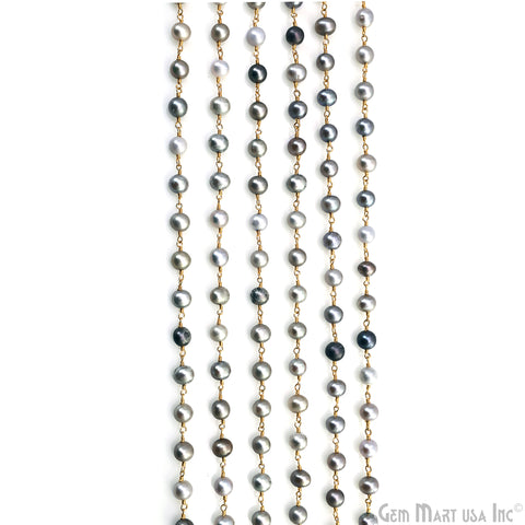 Gray Pearl Cabochon Beads 6-7mm Gold Plated Gemstone Rosary Chain