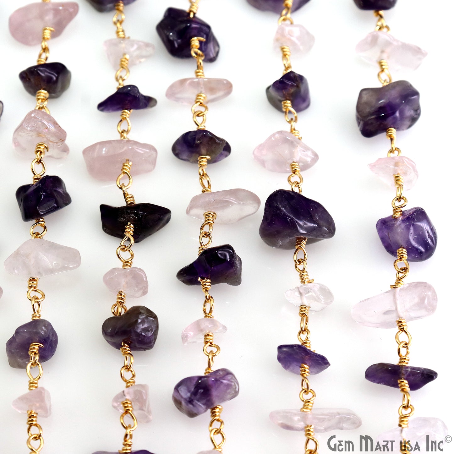 Amethyst & Rose Quartz  Nugget Chip 4-6mm Gold Wire Wrapped Rosary Chain