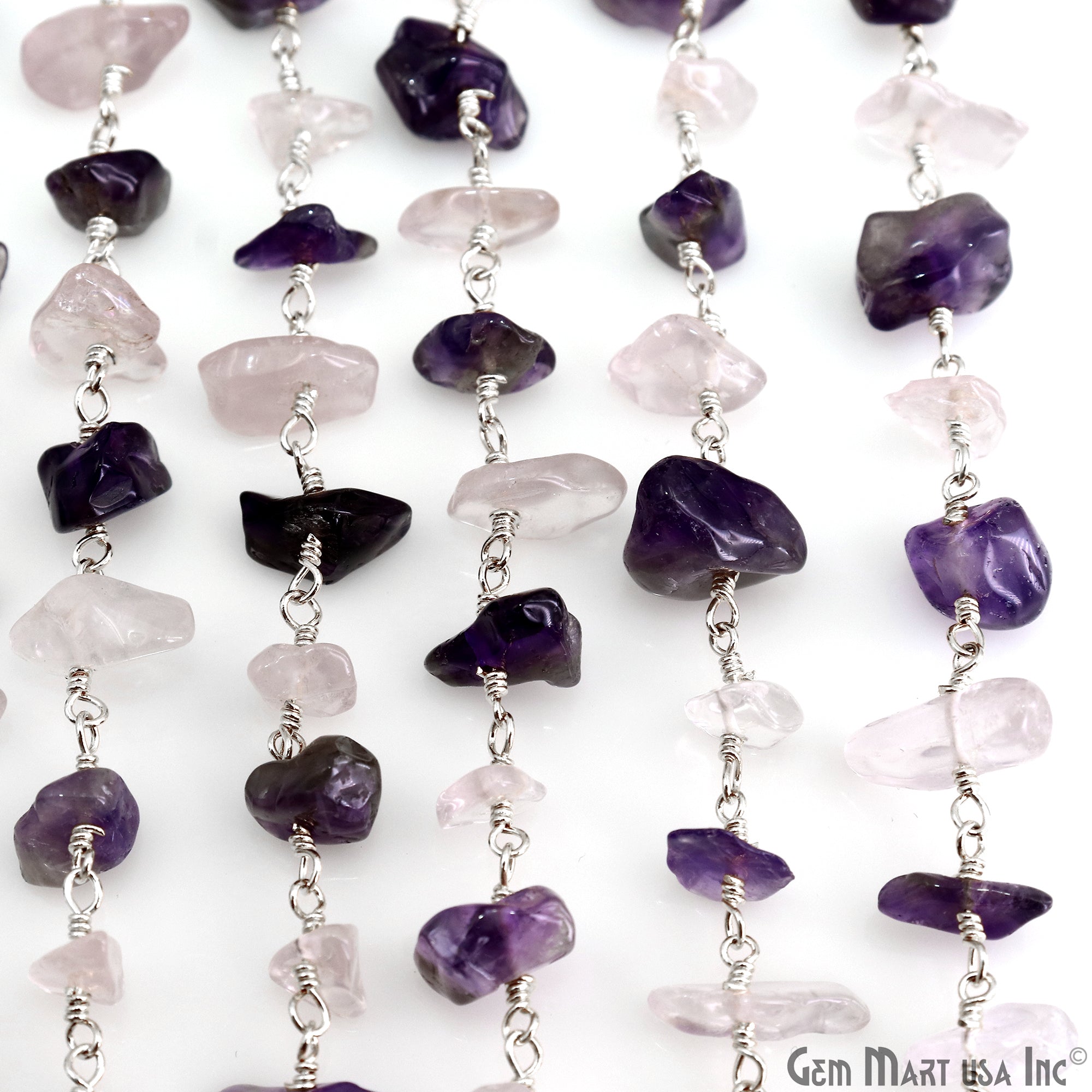 Amethyst & Rose Quartz  Nugget Chip 4-6mm Silver Wire Wrapped Rosary Chain