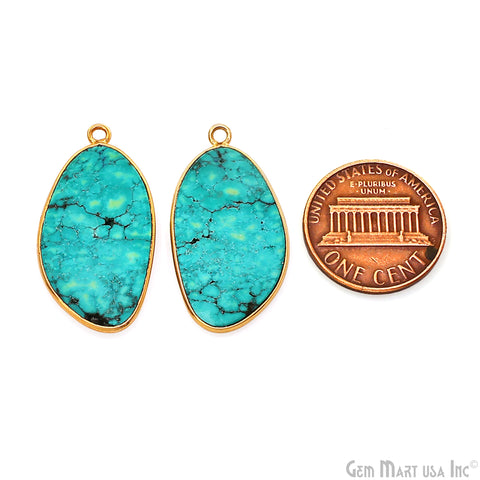 Turquoise Free Form Gold Plated Bezel Smooth Slab Slice Thick Gemstone Connector 30x16mm 1 Pair