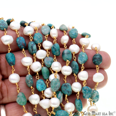 Chrysocolla Tumble Beads 8x5mm & Freshwater Pearl 7-8mm Beads Gold Plated Rosary Chain
