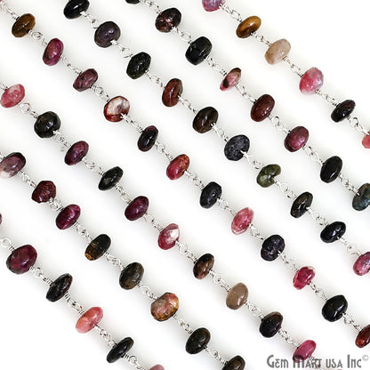 Multi Tourmaline Cabochon Beads 6-7mm Silver Plated Gemstone Rosary Chain