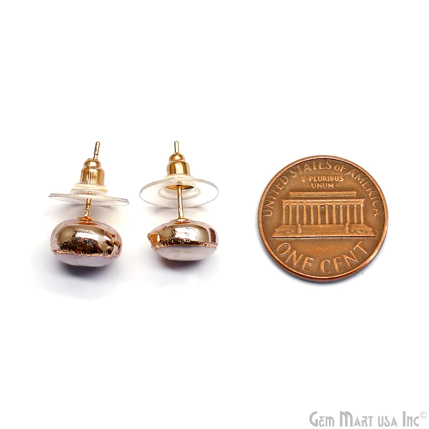 Natural Pearl Round Gemstone 10mm Gold Electroplated Stud Earring
