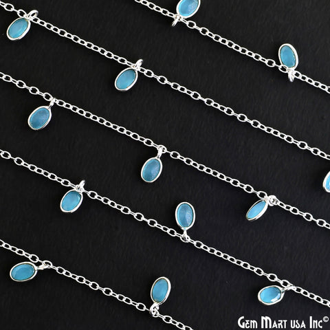Sky Blue Chalcedony Oval 5x3mm Silver Plated Bezel Connector Dangle Rosary Chain
