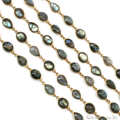 Labradorite Oval 9x11mm & Pears 8x12mm Gold Plated Bezel Cabochon Continuous Connector Chain