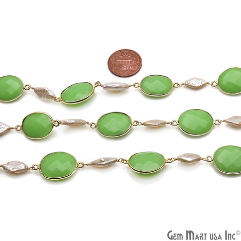 Chrysoprase Chalcedony & Freshwater Pearls Faceted Gold Plated Connector Chain - GemMartUSA