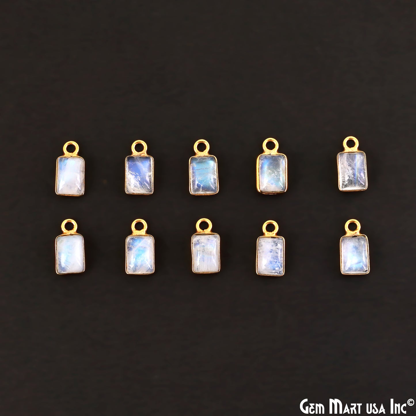 Rainbow Moonstone Rectangle 5x7mm Single Bail Gold Bezel Gemstone Connector