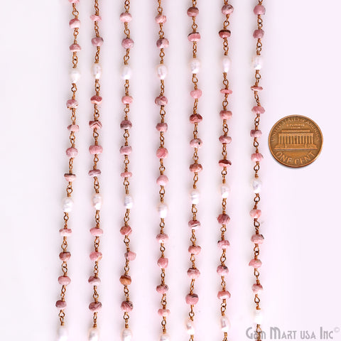 Rhodochrosite With Pearl Gold Wire Wrapped Beads Rosary Chain