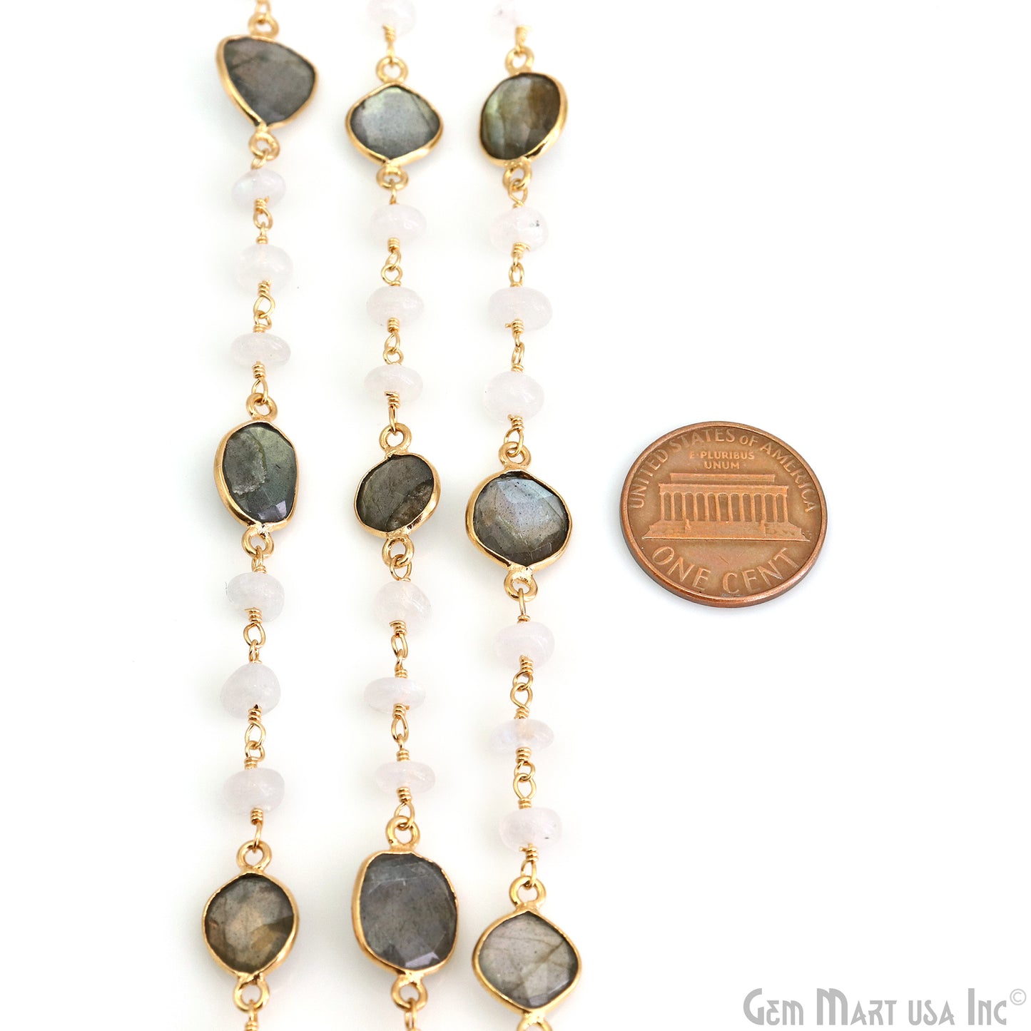 Labradorite & Rainbow Moonstone Beads Gold Plated Mix Shape Bezel Link Continuous Connector Chain