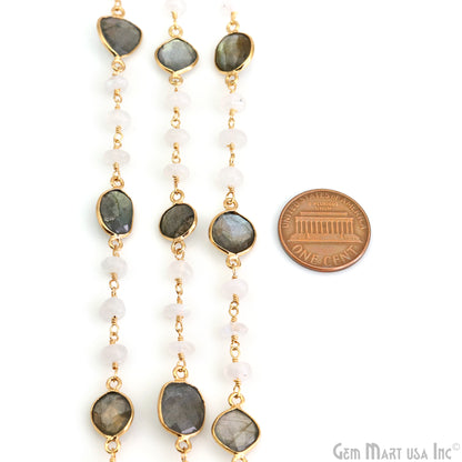 Labradorite & Rainbow Moonstone Beads Gold Plated Mix Shape Bezel Link Continuous Connector Chain