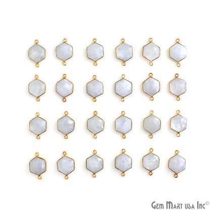 Rainbow Moonstone 20x13mm Hexagon Gold Plated Double Bail Gemstone Connector