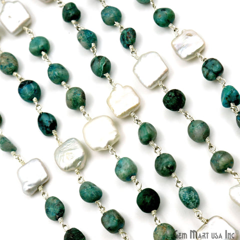 Chrysocolla Tumble Beads 8x5mm & Freshwater Pearl 12mm Beads Silver Plated Rosary Chain