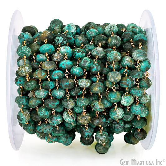 Chrysocolla Faceted 8-9mm Gold Plated Beaded Wire Wrapped Rosary Chain