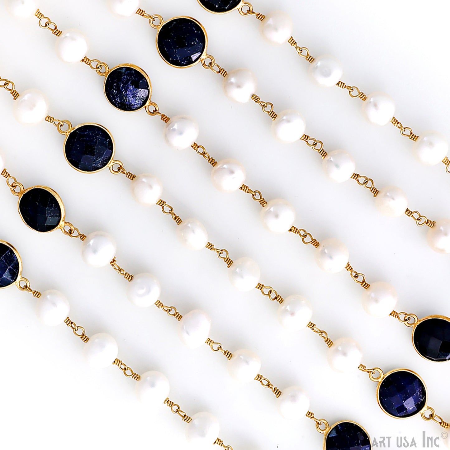 Freshwater Pearl Beads With Sapphire 10mm Round Gold Plated Bezel Rosary Chain