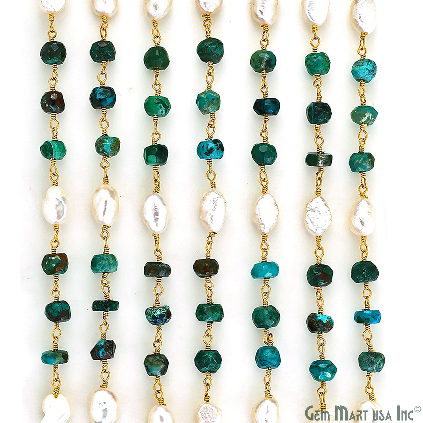 Chrysocolla and Pearl Rondelle Beads Gold Wire Wrapped Rosary Chain