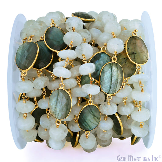 Rainbow Moonstone Beads & Labradorite Bezel Connector Gold Plated Rosary Chain