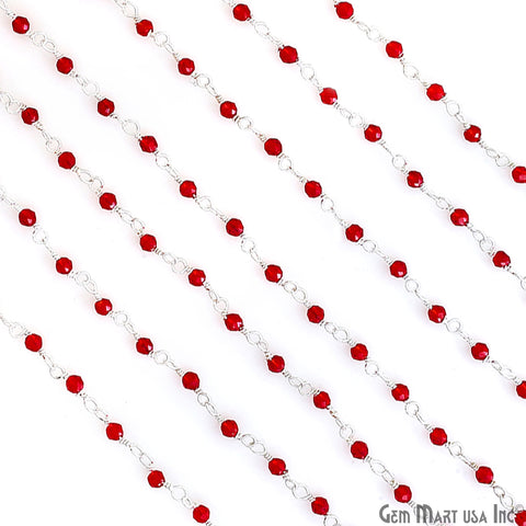 Red Zircon 2-2.5mm Tiny Beads Silver Wire Wrapped Rosary Chain