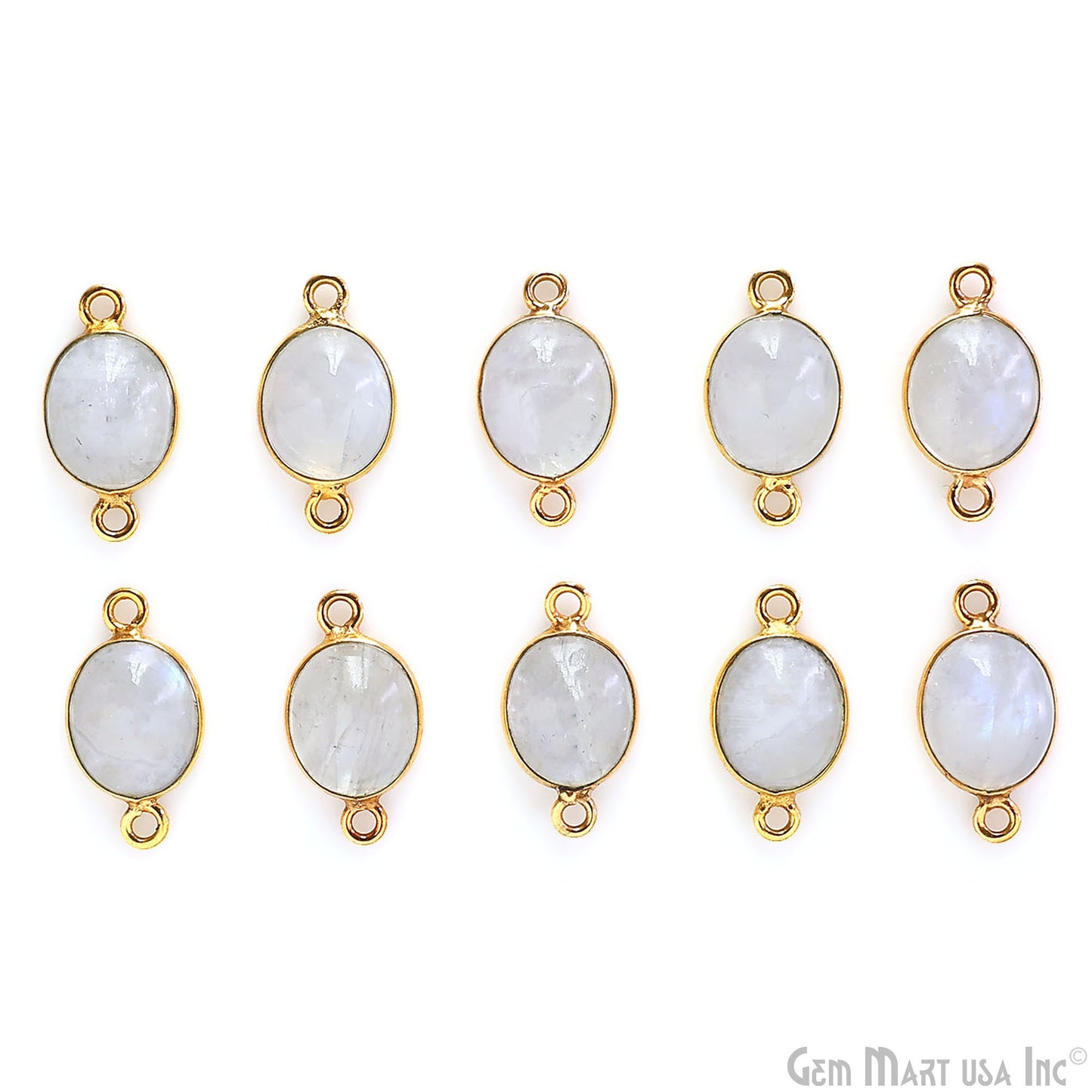 Rainbow Moonstone Cabochon 9x11mm Oval Gold Plated Double Bail Gemstone Connector