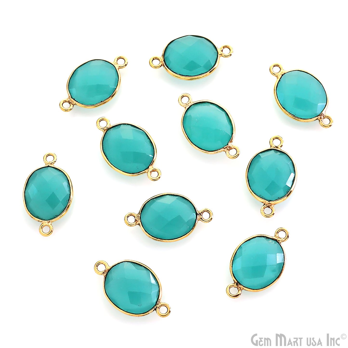 Natural Aqua Chalcedony Oval 10x12mm Gold Plated Double Bail Connector