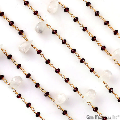 Garnet Beads & Rainbow Moonstone Drop Beads Gold Wire Wrapped Beads Rosary Chain