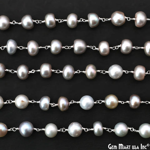 Gray Pearl Cabochon Beads 8-9mm Silver Plated Gemstone Rosary Chain